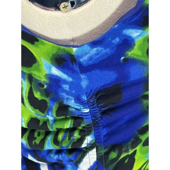 Joseph Ribkoff Dress Hawaiian Tropical Sheath Ruched Line Sleeveless Size 8 Blue - Picture 11 of 14